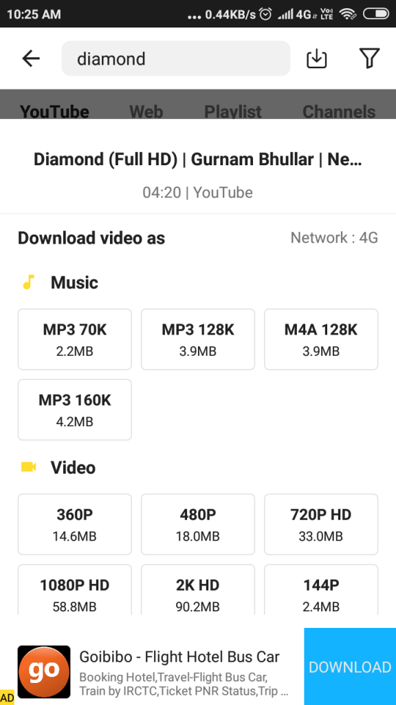 Selecting video quality while dowloading.