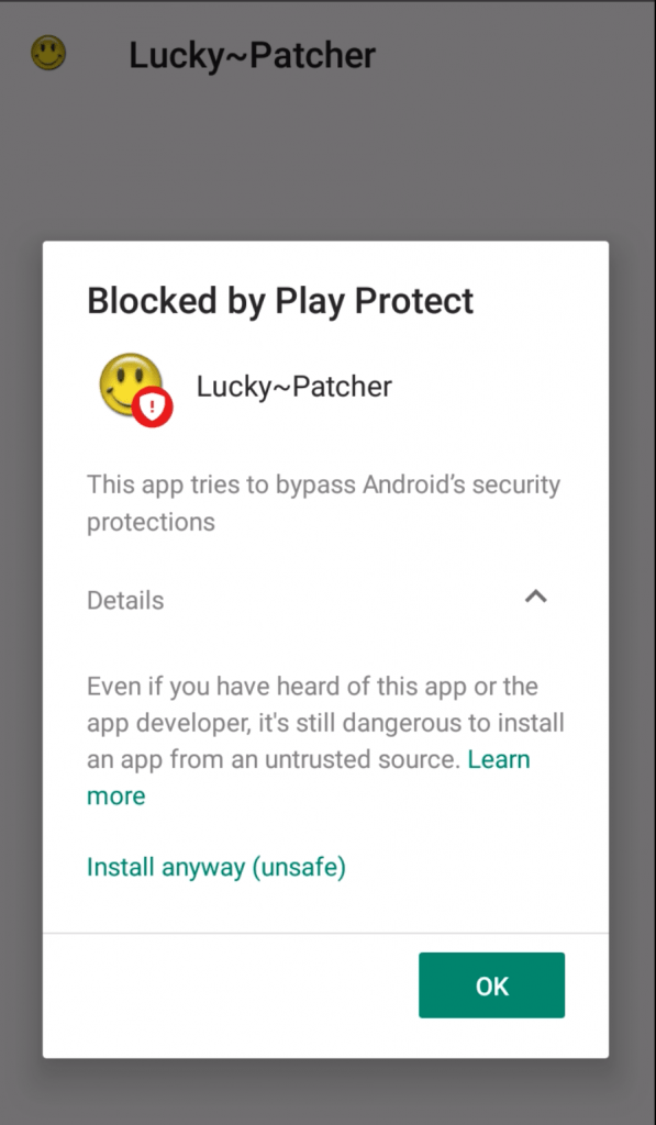 warning while installing lucky patcher app